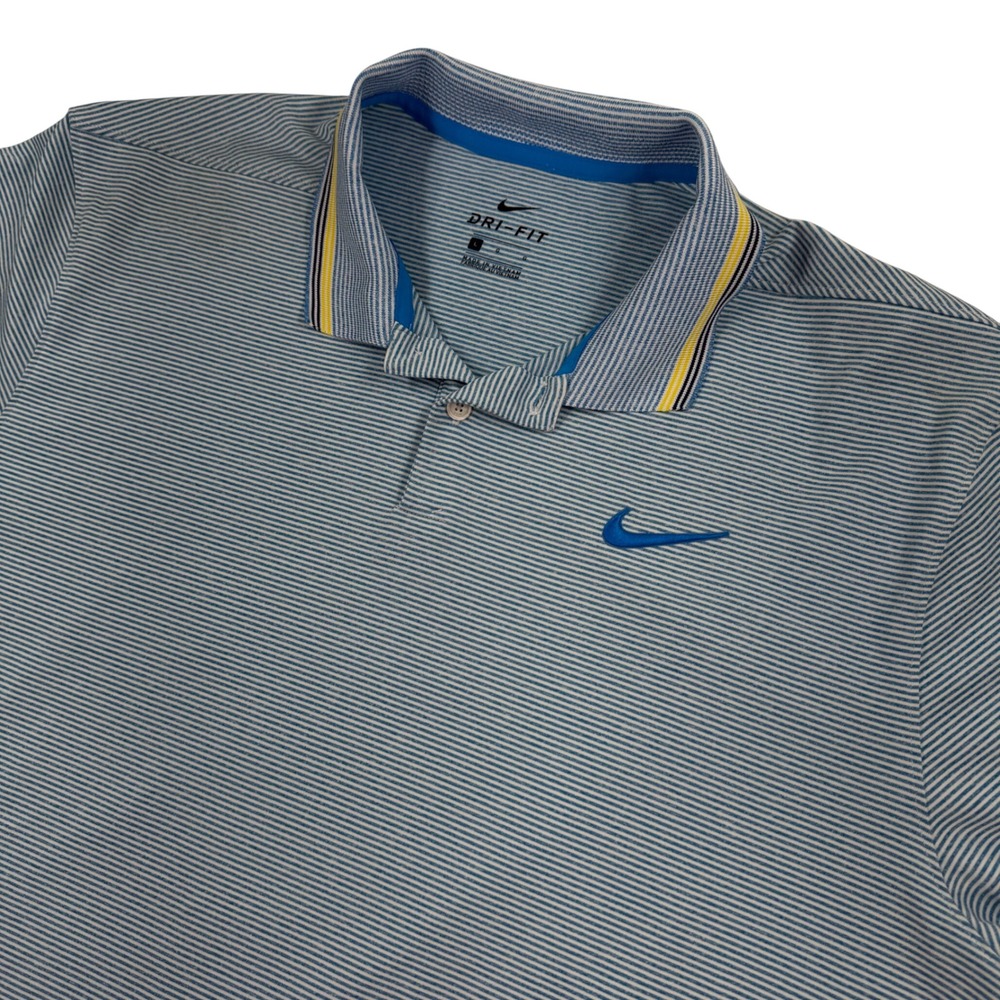 Nike Dri-FIT Polo Shirt Mens Lg Blue Striped Golf Performance Casual Sporty